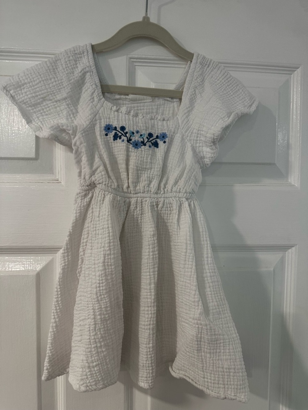 Cotton On White Girls Cotton Gauze Dress with Blue Floral Embroidery